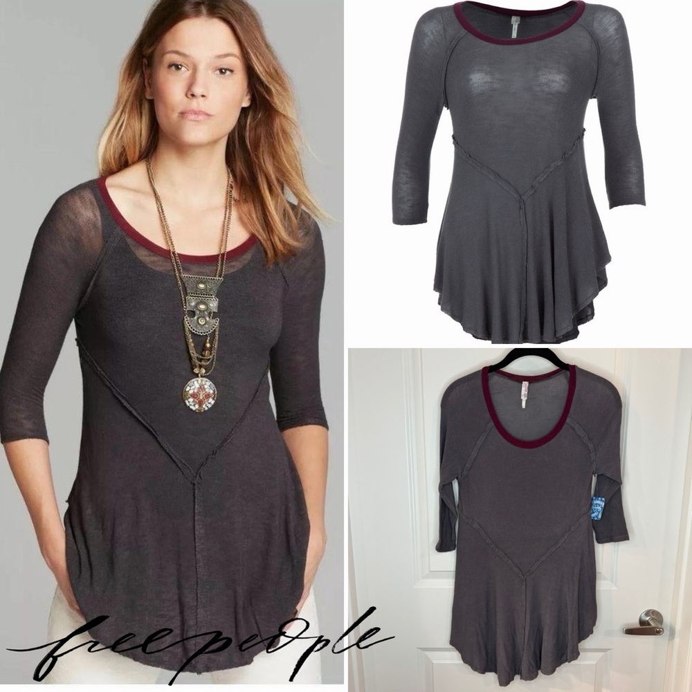 Free People Weekends Charcoal Slub Knit Boho Chic Layering Top Women’s Small